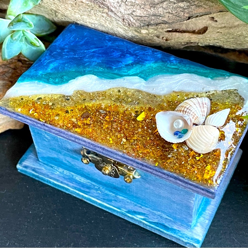 Real Sand Ocean Themed Resin Topped Jewelry Trinket Pine Box - Picture 11 of 17